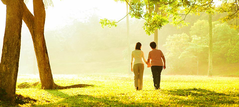 Asian senior mother and adult daughter holding hands walking at outdoor park
